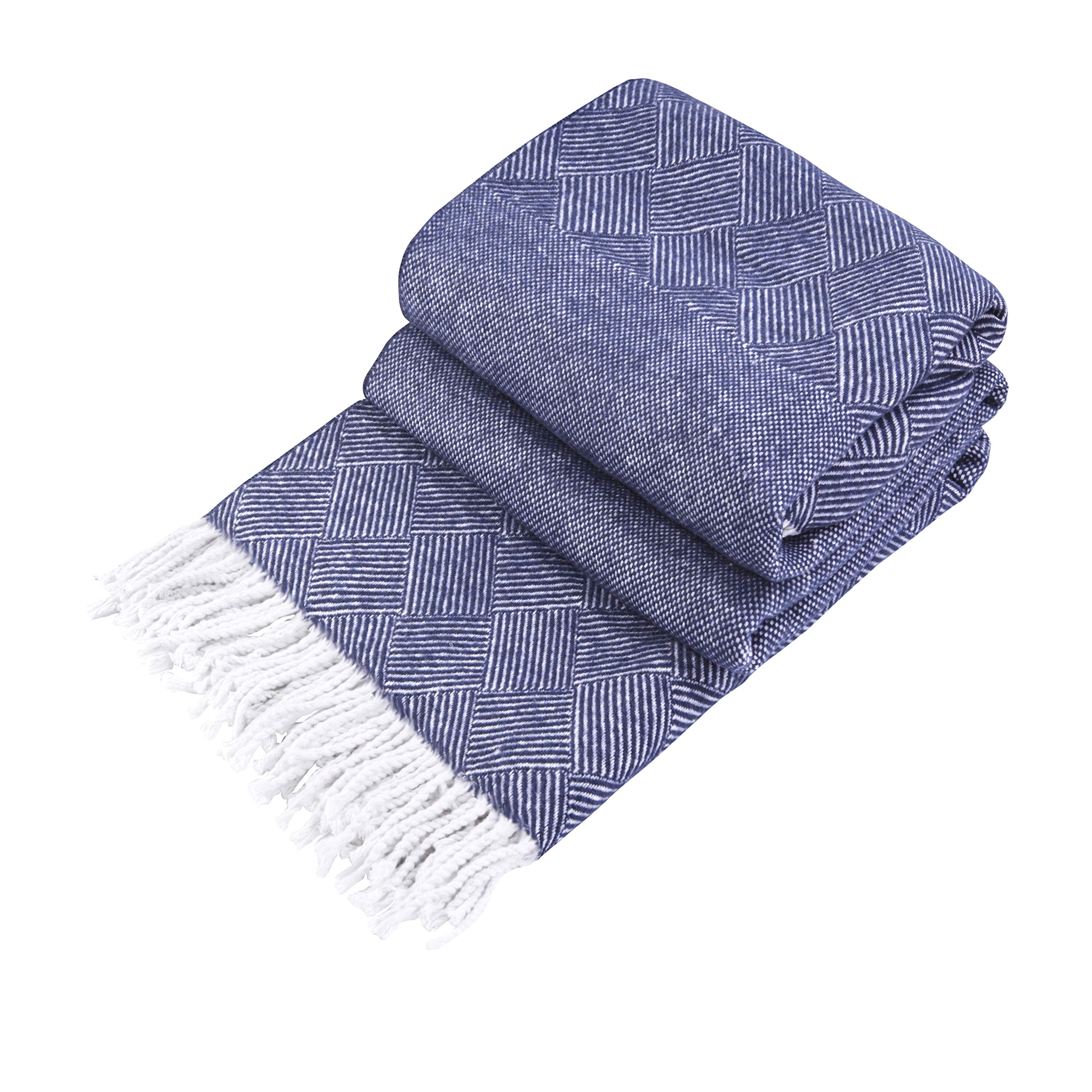 LYHome Cotton Blanket - Soft Throw for Sofas, Bed & Couch. Cosy Outdoor Blankets for Travel, Picnic & Camping. Settee Throws for Armchairs, Garden Furniture (55x79 in, 140x200 cm Blue Striped Squares) — image 1