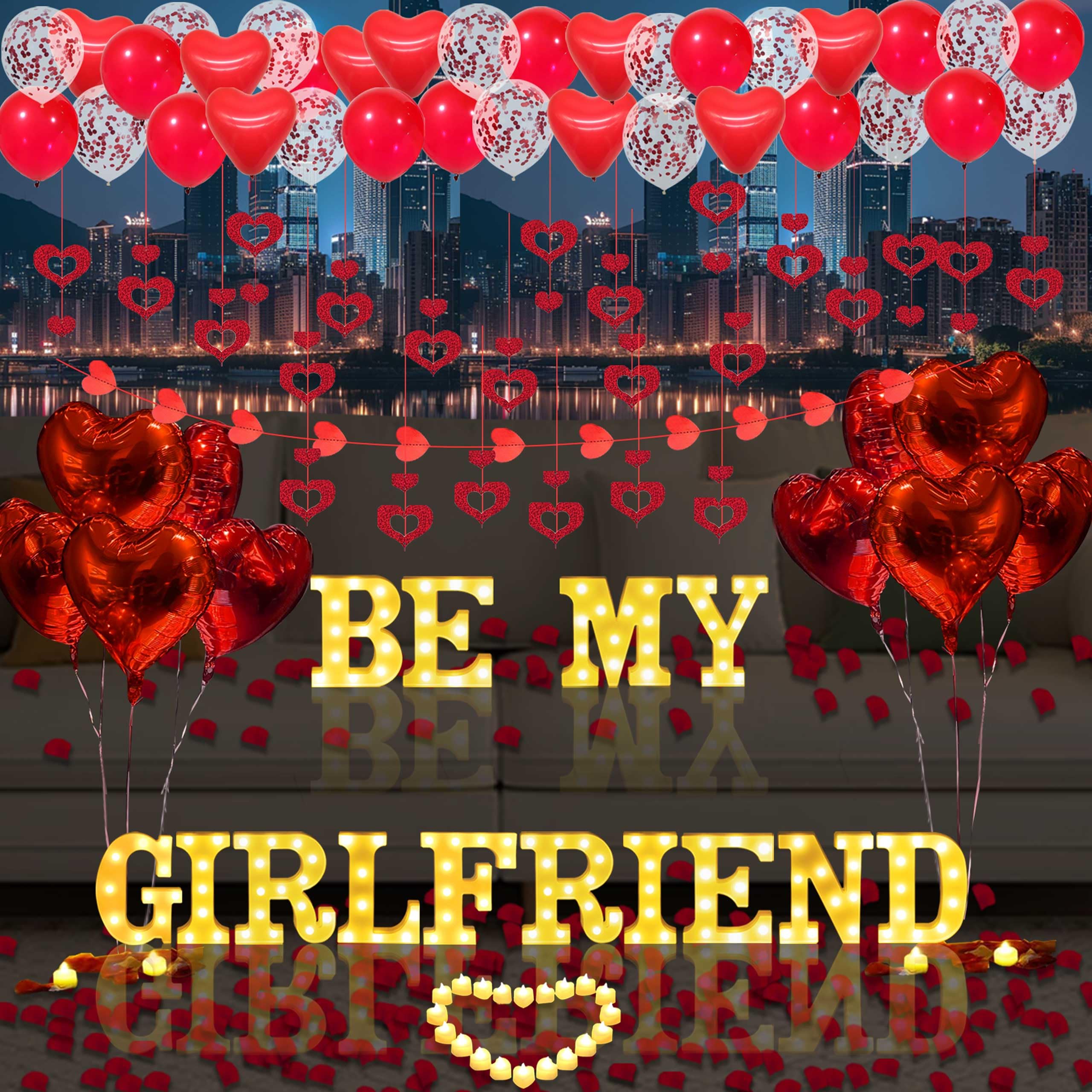 Photo 1 of Be My Girlfriend Light Up Letters Proposal Decorations, 14Pcs 6.3" Letter Signs with 24Pcs Flameless Candles 2000Pcs Red Artificial Rose Petals 45Pcs Latex Balloons 10Pcs Heart Balloon Valentine's Day