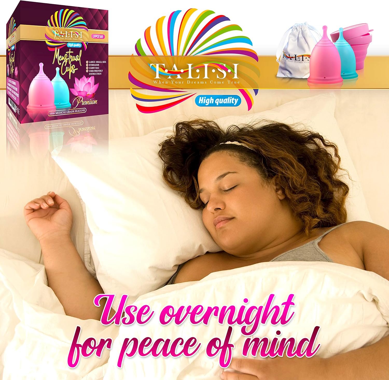 Talisi Reusable Feminine Menstrual Cups – Set of 2 Menstruation Period Cups for Women with Collapsible Sterilization Cup and Carry Bag - Alternative to Tampons and Pads - Regular and Heavy Flow: Health & Personal Care