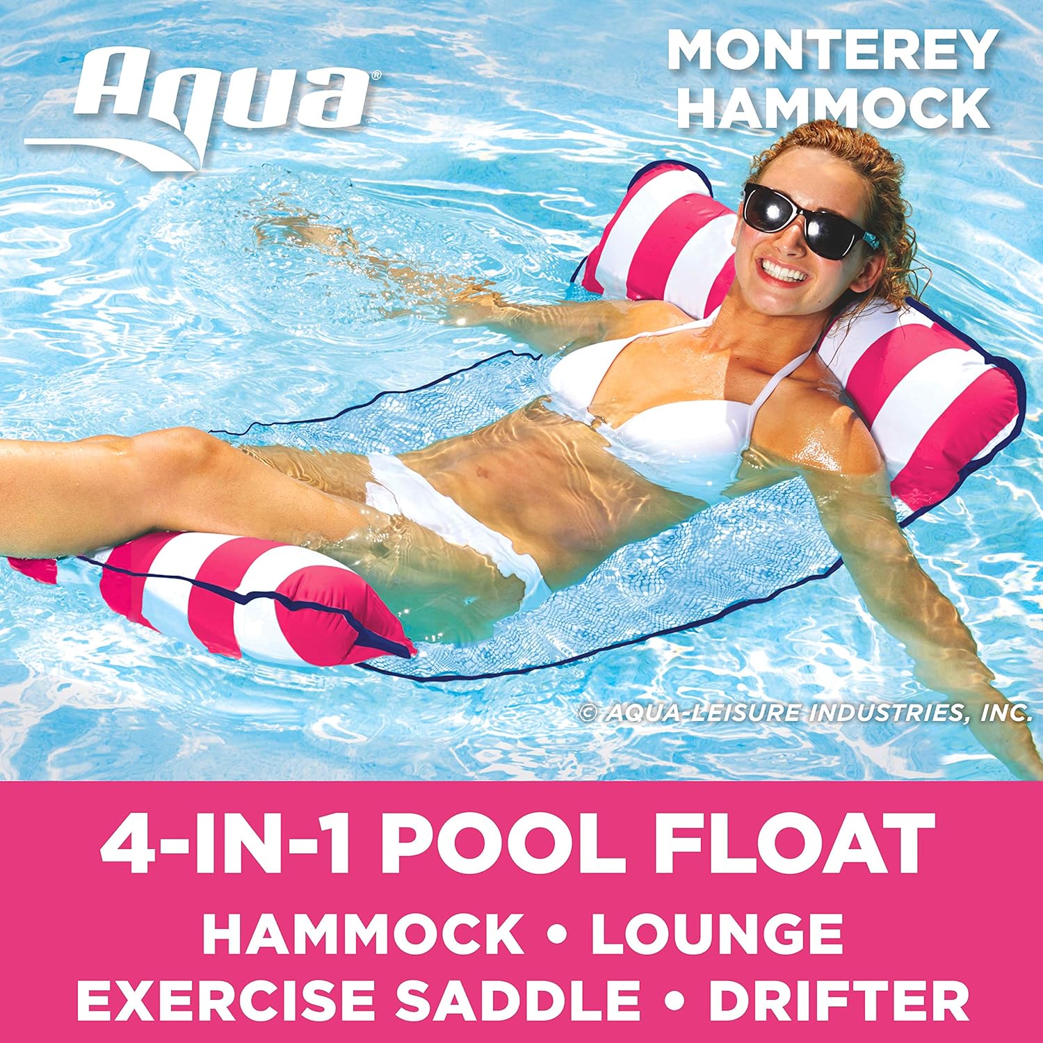 Aqua Monterey 4 In 1 Multi Purpose Inflatable Hammock Saddle Lounge Chair Hammock Drifter Portable Pool Float Pinkwhite Stripe