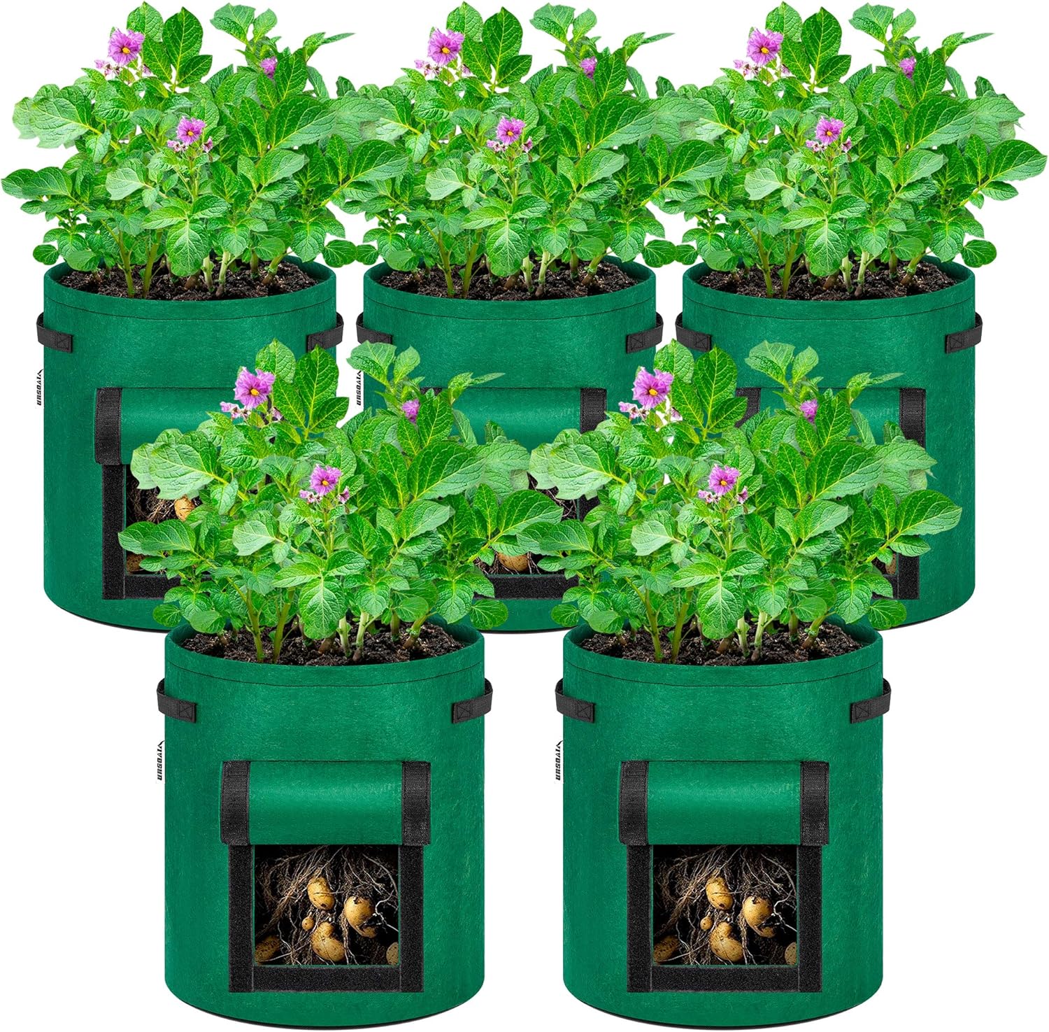 VIVOSUN 5-Pack 10 Gallon Potato Grow Bags, Fabric Pots with Handle and Roll-up Window