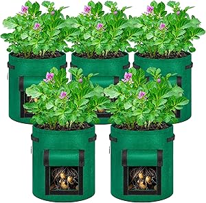 VIVOSUN 5-Pack 10 Gallon Potato Grow Bags, Fabric Pots with Handle and Roll-up Window