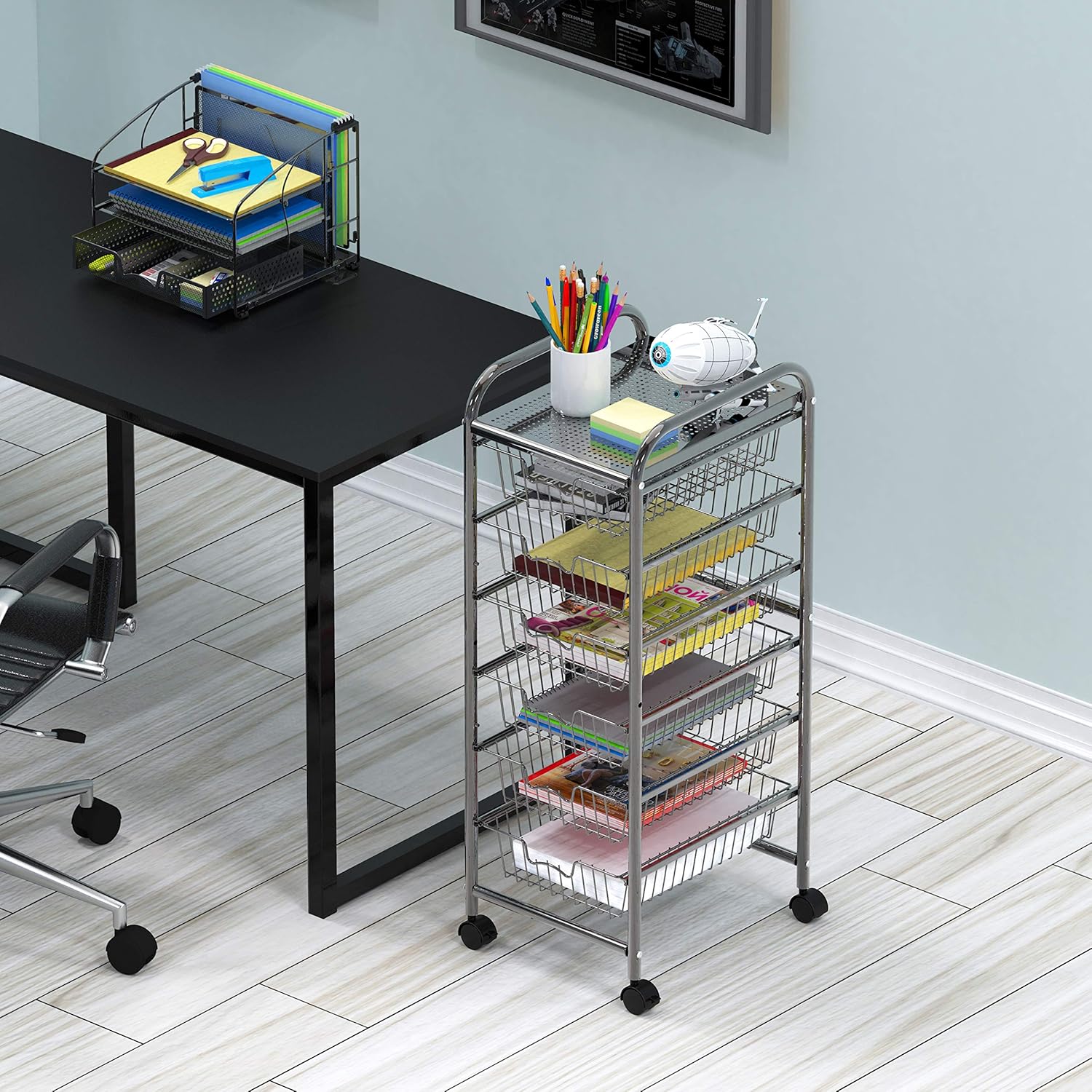 6-Drawer Wire Grid Rolling Utility Storage Organizer Cart, Chrome : Office Products