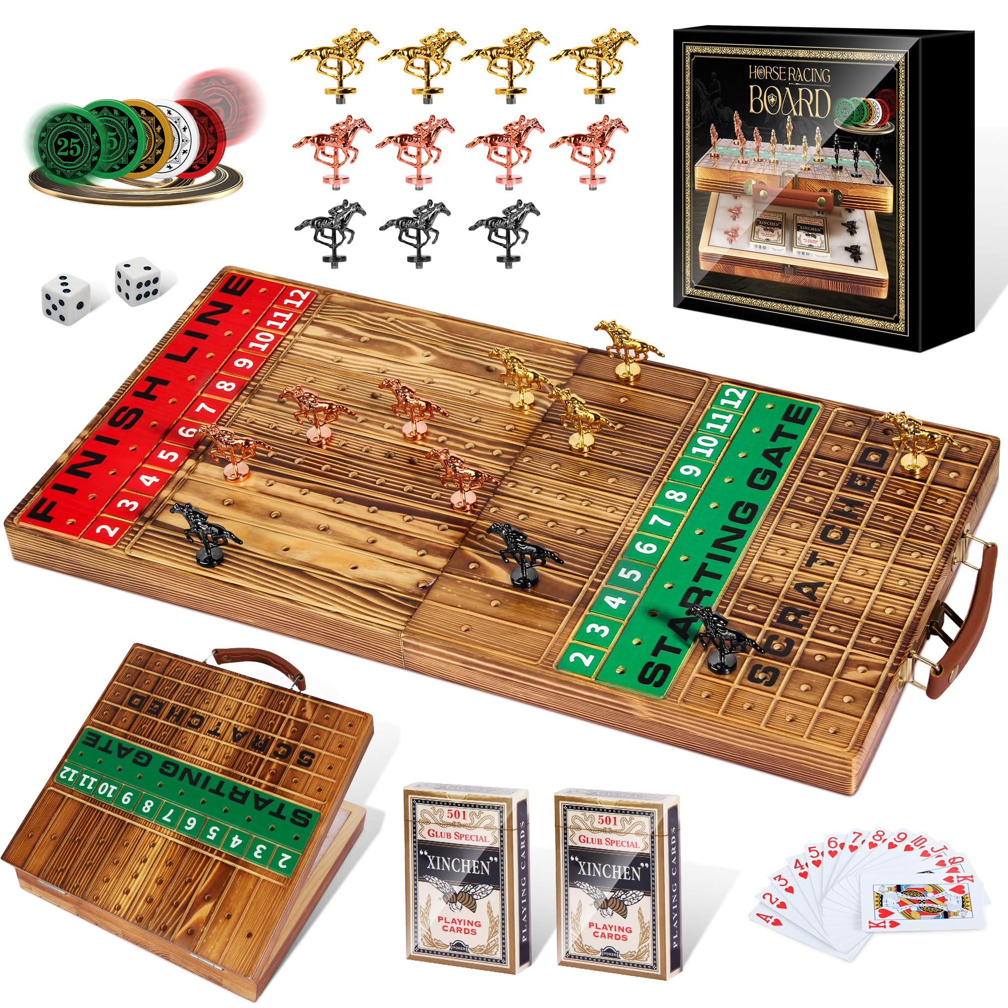 Photo 1 of Large 22.8 inches Foldable Horse Race Board Game for Adults, Thickened Solid Wood with 11 Luxurious Durable Classic Metal Horses, 143 Chips, 2 Dice, 2 Boxes of Cards