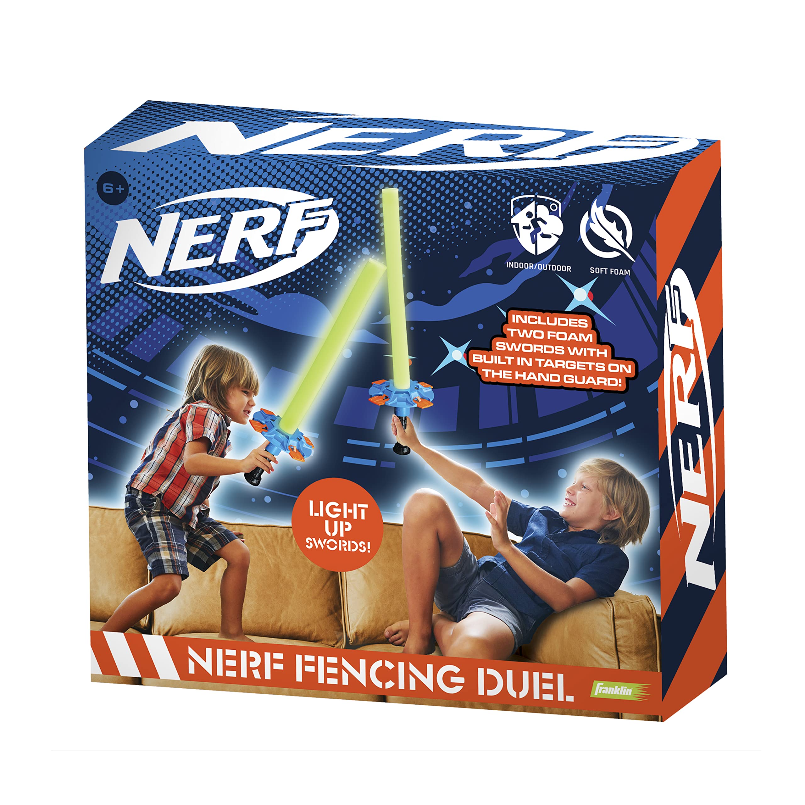 Nerf Duel Swords Set - Retractable Swords with Glow in the Dark Feature - Integrated Knockdown Targets - Kids Fencing Game, Green, Blue, Orange