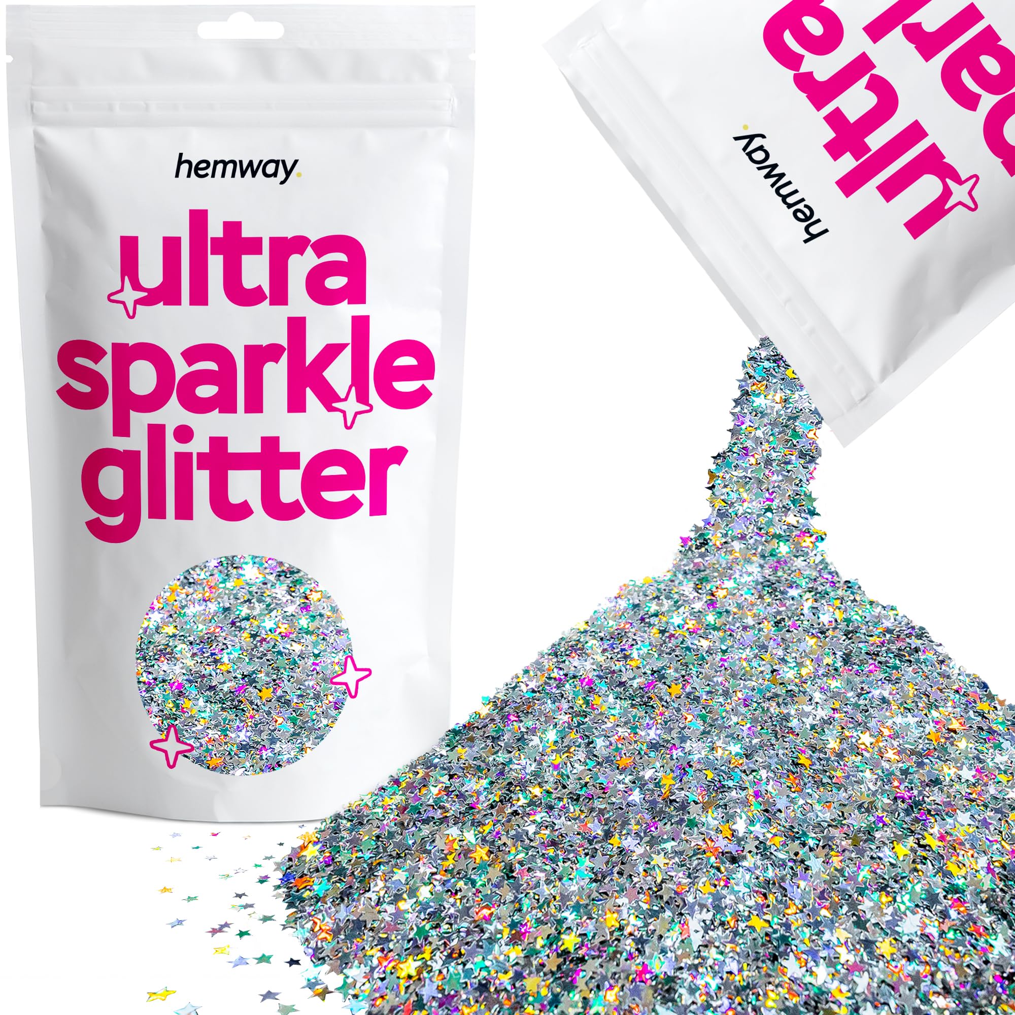 Hemway Ultra Sparkle Glitter Silver Holographic Stars 100g | Glitter for Arts & Craft, Makeup, Nail Art, Crafting, Card Making, Sparkle Decoration