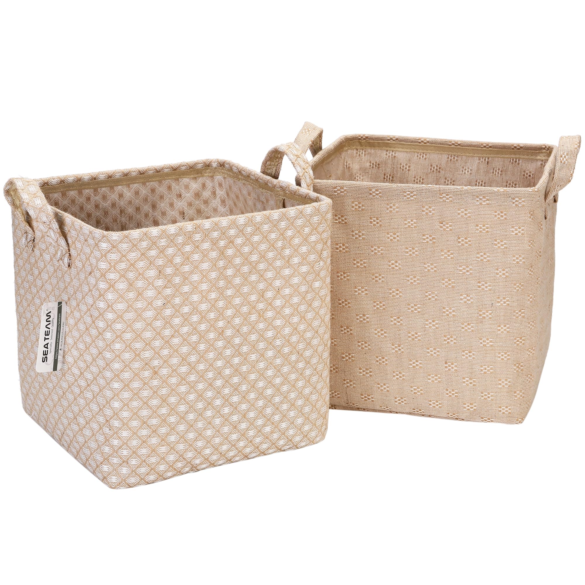 Sea Team Storage Baskets Organizer Box Bins in Cotton Linen Foldable with Hle Decorative for Home Toiletry Stationery Sundries Toys Jewerly Color Beige 27 * 27 * 27CM 2PCS