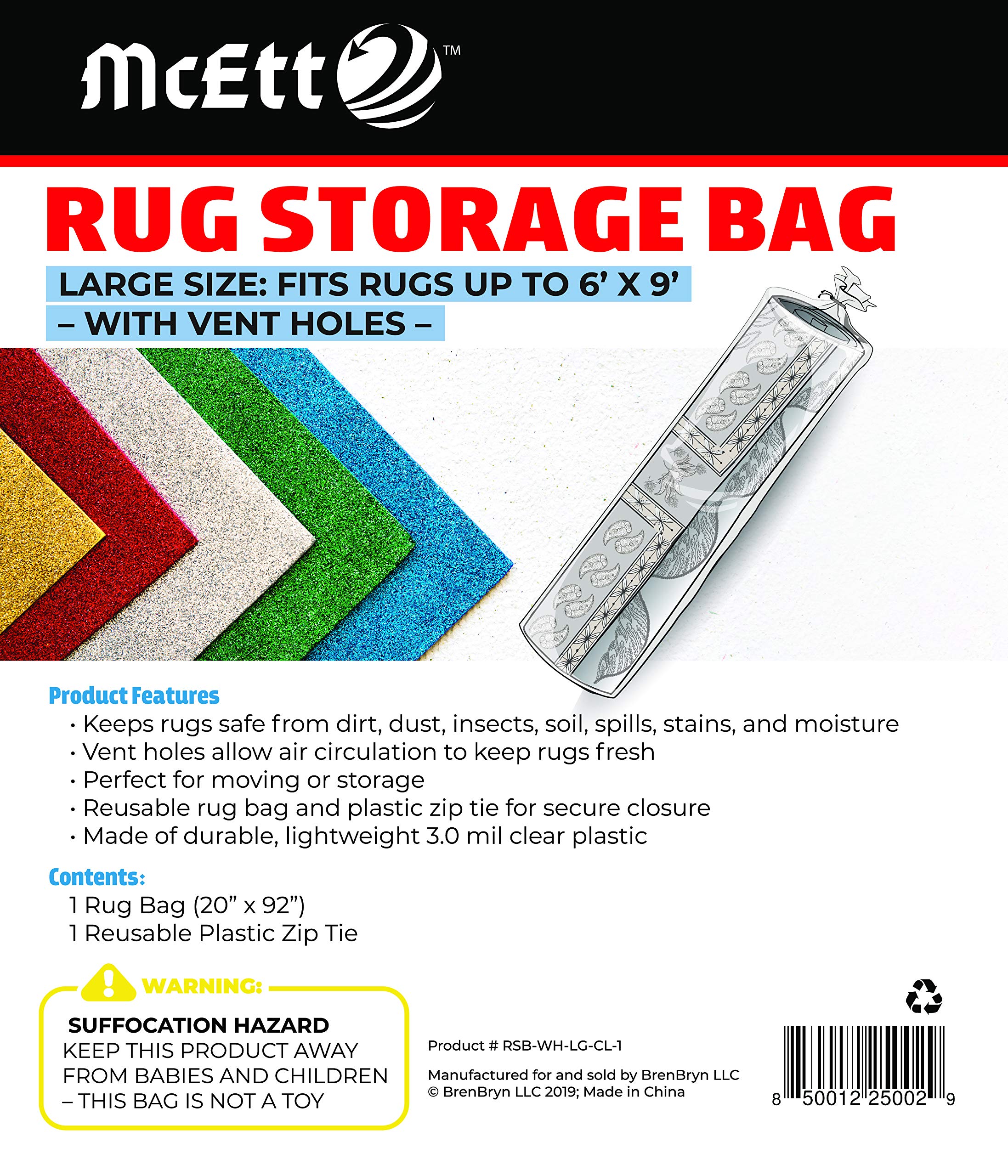 Rug Storage Bag and Zip Tie - with Vent Holes - Large Size Fits Rugs up to 180 x 270cm - Protects Rolled Rugs for Moving or Storage