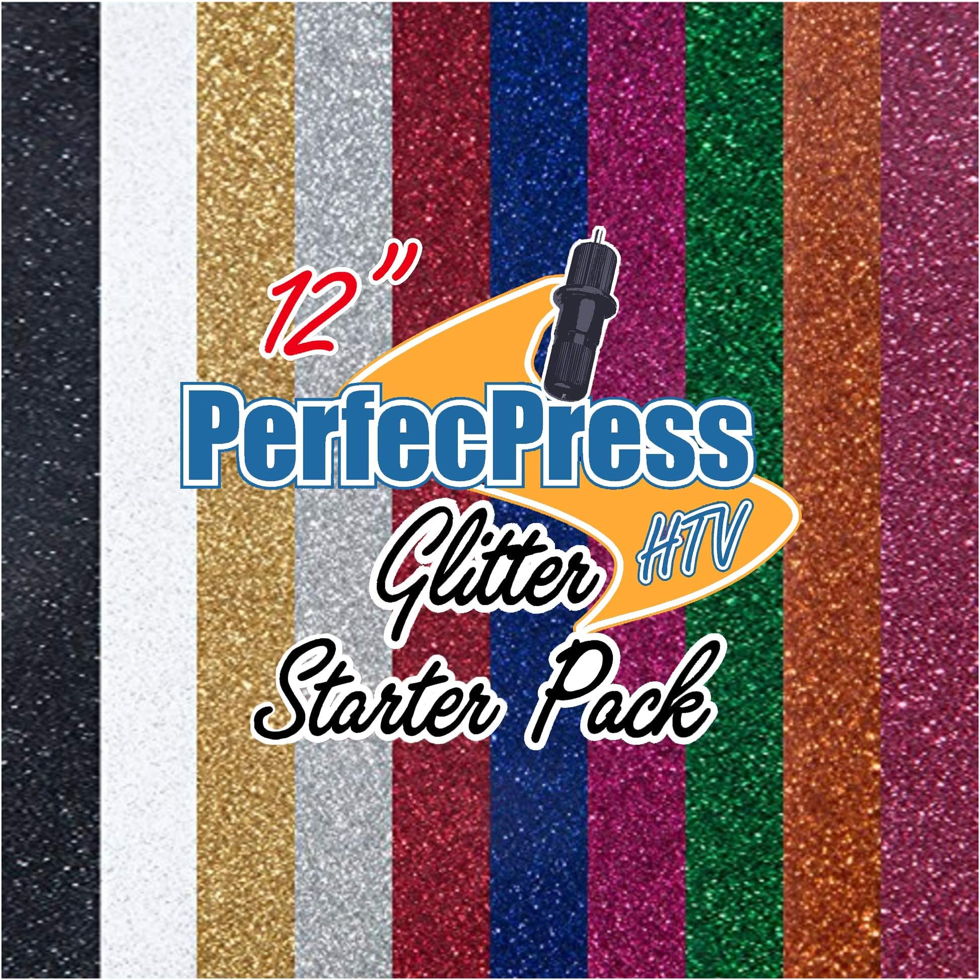 Glitter Heat Transfer Vinyl Iron On Sheet Pack Includes 15 Pieces of 12 x 10 Inch Assorted Colors Premium PerfecPress Glitter HTV Sheets Easy Use with Silhouette Cameo, Cricut and Other Craft Cutters