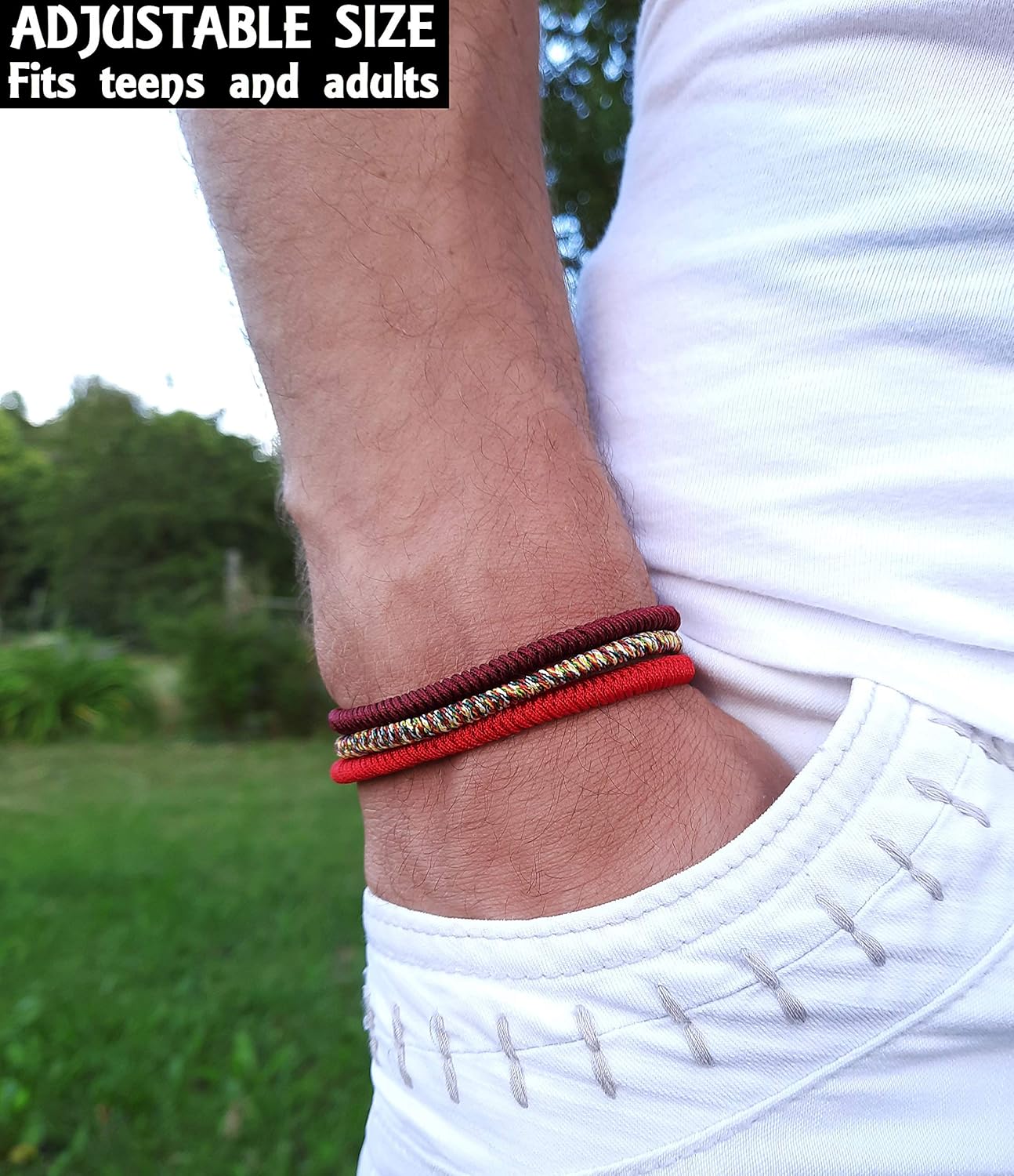LUCKY BUDDHIST Handmade Bracelets + Buddhist Gift! Tibetan Good Luck String Armbands. For Women Men Teens. Adjustable Size! Friendship present. Handcrafted rope wristbands. Red - Image 3