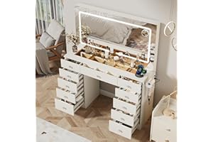 Otterease White Makeup Vanity, 11 Drawers Vanity Mirror with Lights, Makeup Vanity Desk with 3 Lighting Modes Adjustable Brightness, Vanity with Glass Top for Bedroom