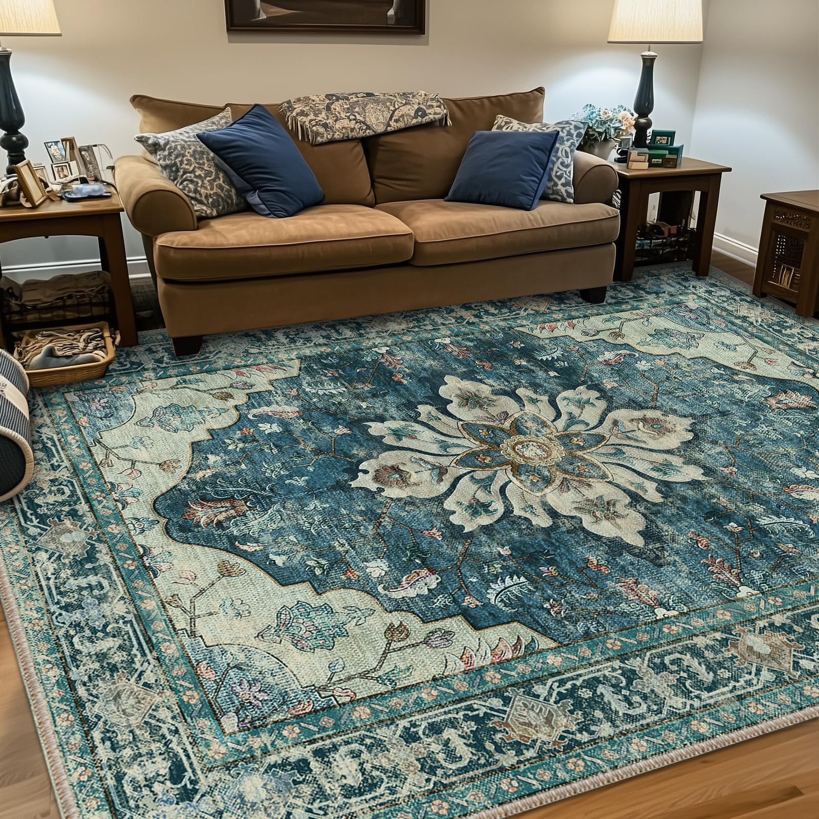 Photo 1 of RELEANY Area Rugs 5'x7' Washable Non-Slip, Floral Vintage Distress Print Pattern Medallion Carpet for Living Room Bedroom Dining Room, Dark Blue Vintage