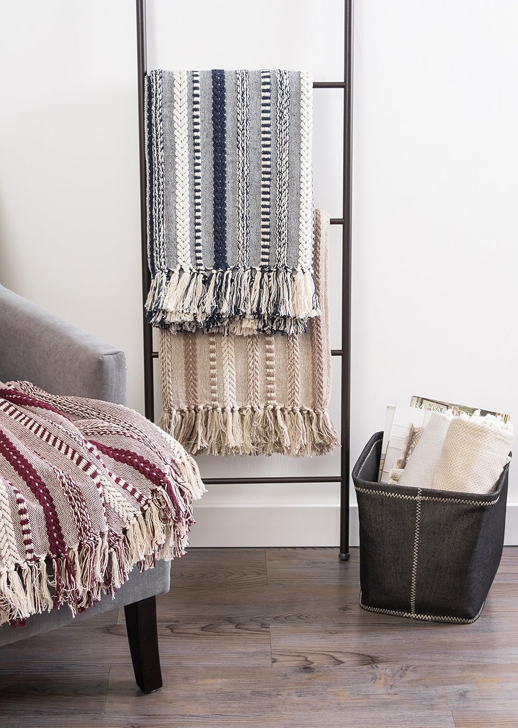 DII Farmhouse Cotton Stripe Blanket Throw with Fringe For Chair, Couch, Picnic, Camping, Beach, & Everyday Use , 50 x 60" - Braided Stripe Navy: Home & Kitchen