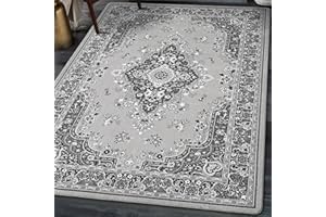 HOMORE 4x6 Area Rugs, Grey Washable Rugs for Bedroom, Non Slip Vintage Rug Faux Wool Floral Rug for Living Room Dining Room, Soft Thin Carpet Rug for Farmhouse Kids Room Dorm Decor