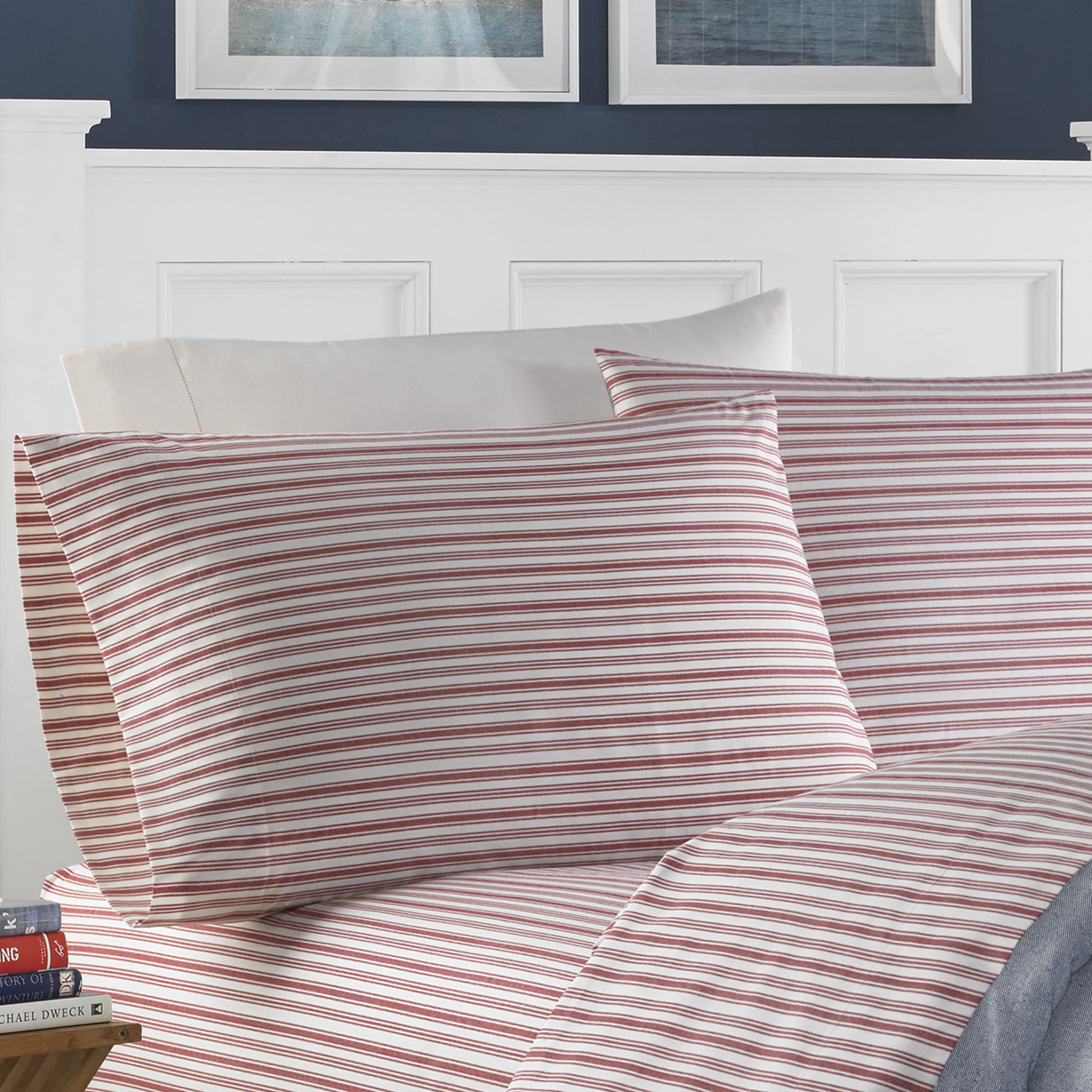 Nautica - Full Sheets, Cotton Percale Bedding Set, Casual Home Decor, Dorm Room Essentials (Coleridge Stripe Red, Full)