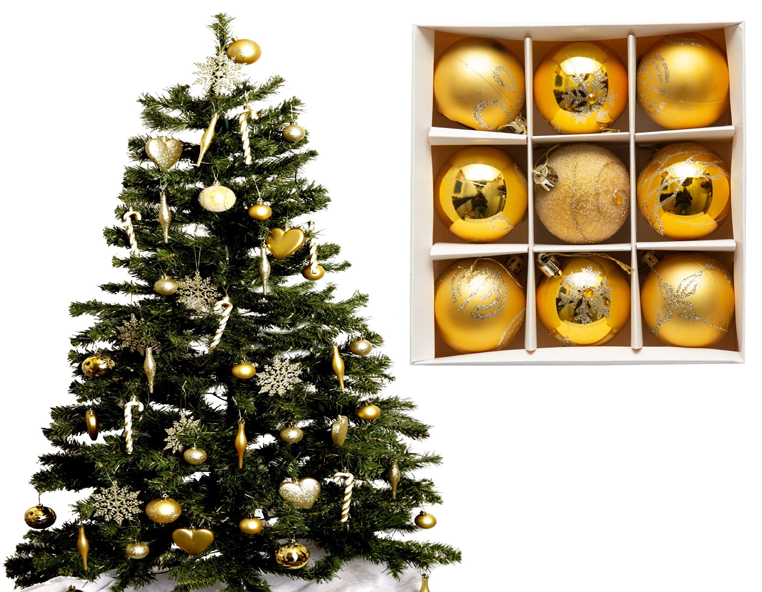 9pc Luxury Premium Baubles, Christmas Tree Bauble Decorations Matte, Glitter, shiny & Frosted (6cm) (Gold.) — image 1