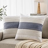 YZJZEDS Soft Cotton Boho Throw Pillow Covers Set of 2, Natural White/Contrast Blue 22x22 Inch, Blue Farmhouse Decorative Cushion Covers for Sofa Bed Living Room Home Decor