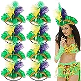 Watayo 8 Pcs Mardi Gras Feather Headband, Purple Yellow Green Masquerade Headwear, Mardi Gras Sequin Flapper Headpiece Headdress for Women Girls New Orleans Cocktail Costume Party