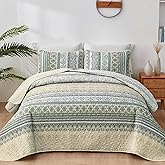 WONGS BEDDING Boho Quilt Set Queen Size Beige 3 Pieces Striped Bedspread Coverlet Set, Bohemian Soft Lightweight Microfiber for All Season(96"×90")
