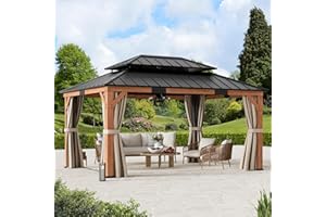 MODERN SHADE OUTDOOR LIVING SPACES Modern Shade Rosewood Wood Gazebo 12' x 16', Cedar Framed Grill Gazebo with Double Galvanized Steel Roof, Mosquito Netting and Curtains, Permanent Hardtop with Sturdy Hooks for Garden, Backyard, Patio