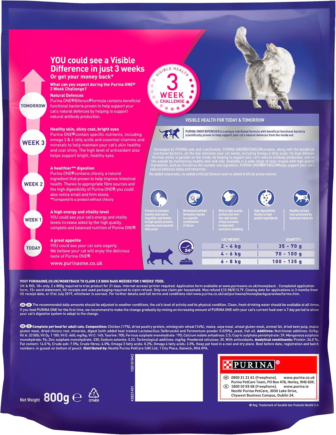 Purina ONE Adult Dry Cat Food Coat & Hairball, Rich in Chicken 750g, red, 800 g (Pack of 1) - Image 3