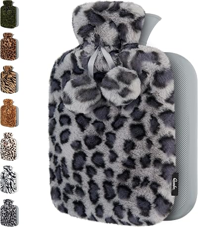 Qomfor 1.8L Hot Water Bottle with Cover Leopard Violet Grey UK