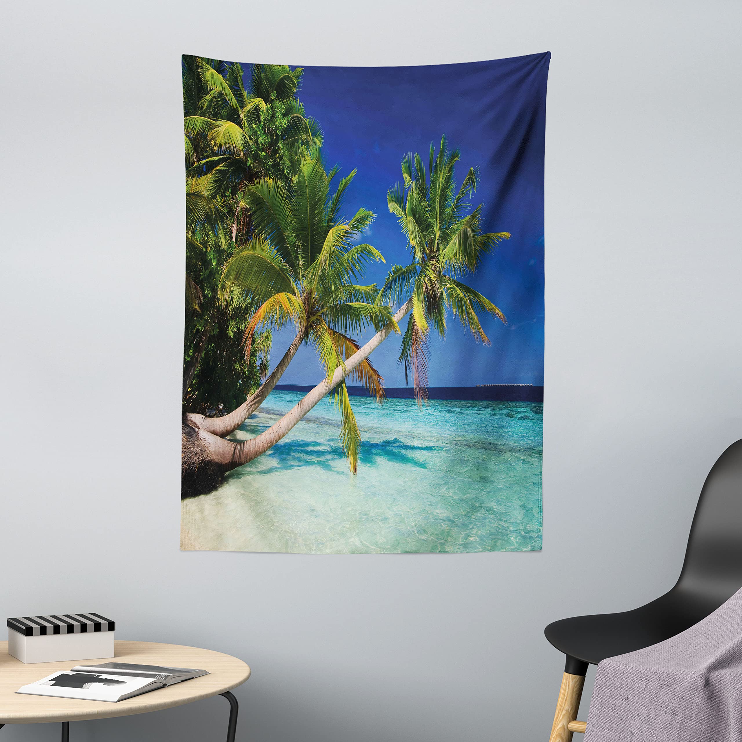 ABAKUHAUS Landscape Tapestry, Tropic Botanic Sandy Beach Island with Coconut Palm Trees Seaside Print, Fabric Wall Hanging Decor for Bedroom Living Room Dorm, 110 x 150 cm, Green Aqua Blue
