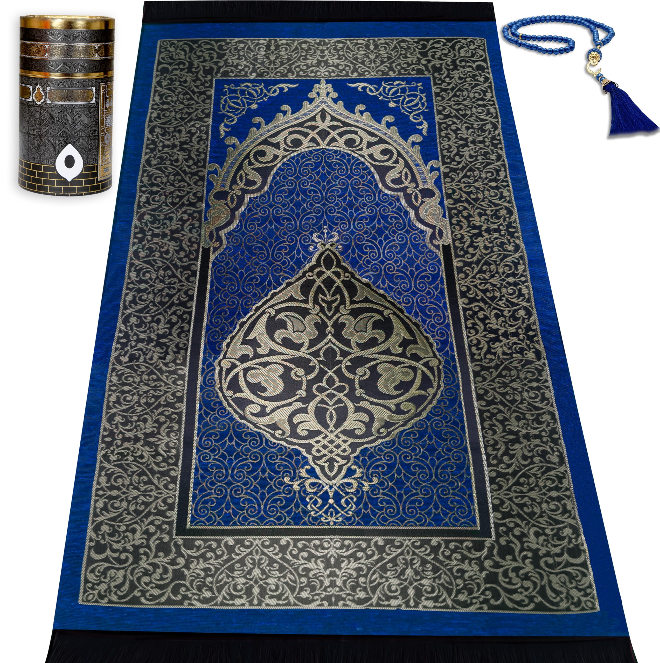 Photo 1 of Kapobia Muslim Prayer Rug Islam and Beads, Kaabe Design Box Eid Ramadan Gifts Islamic Set Carnal Salah Mat Taffeta Fabric Black Soft Prayer Mats Men and Women (Blue)