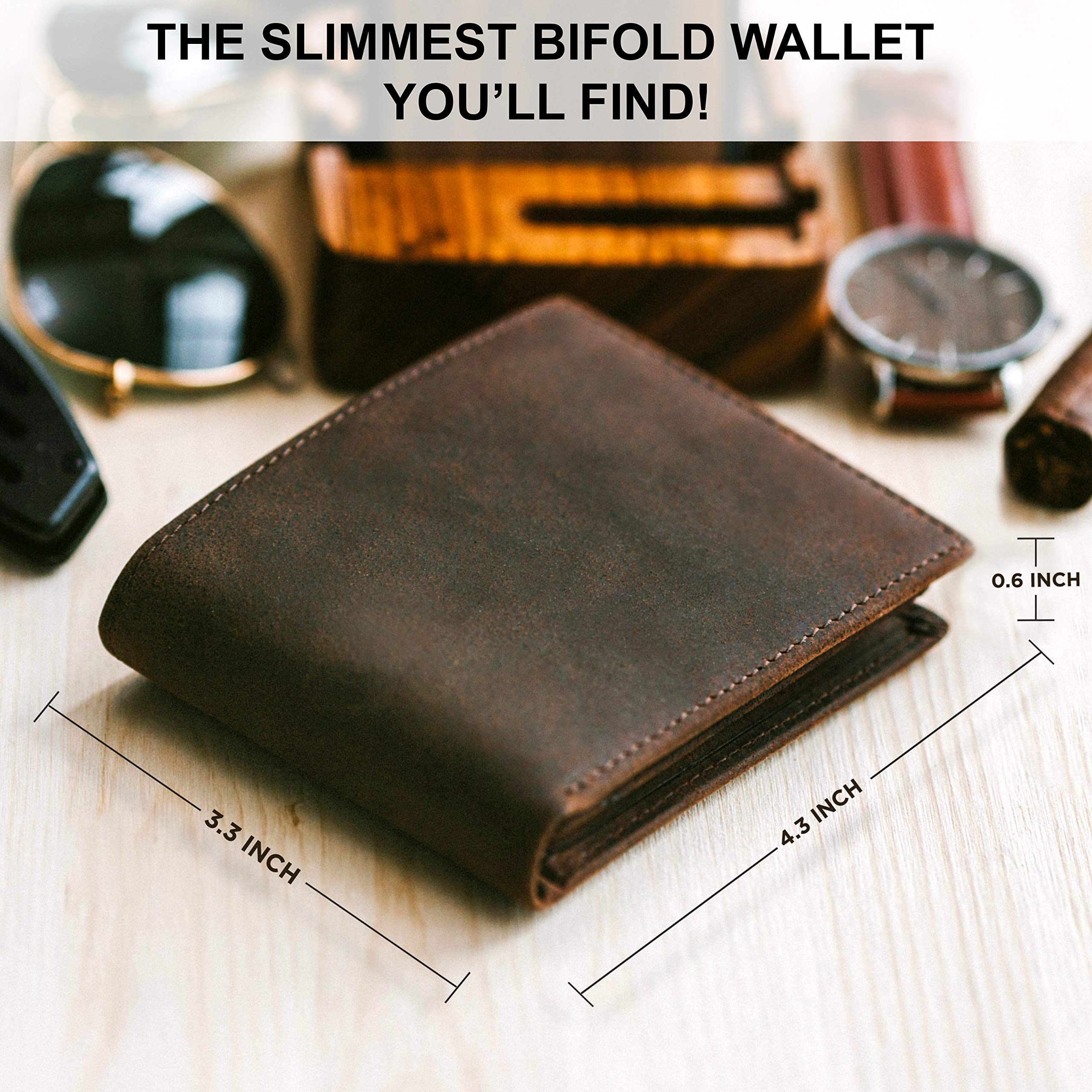 Top Grain Leather Wallet for Men | RFID Blocking | Extra Capacity Bifold Wallet with 2 ID Windows | Ultra Strong Stitching | Slim Billfold with 8 Card Slots | Gift for Him