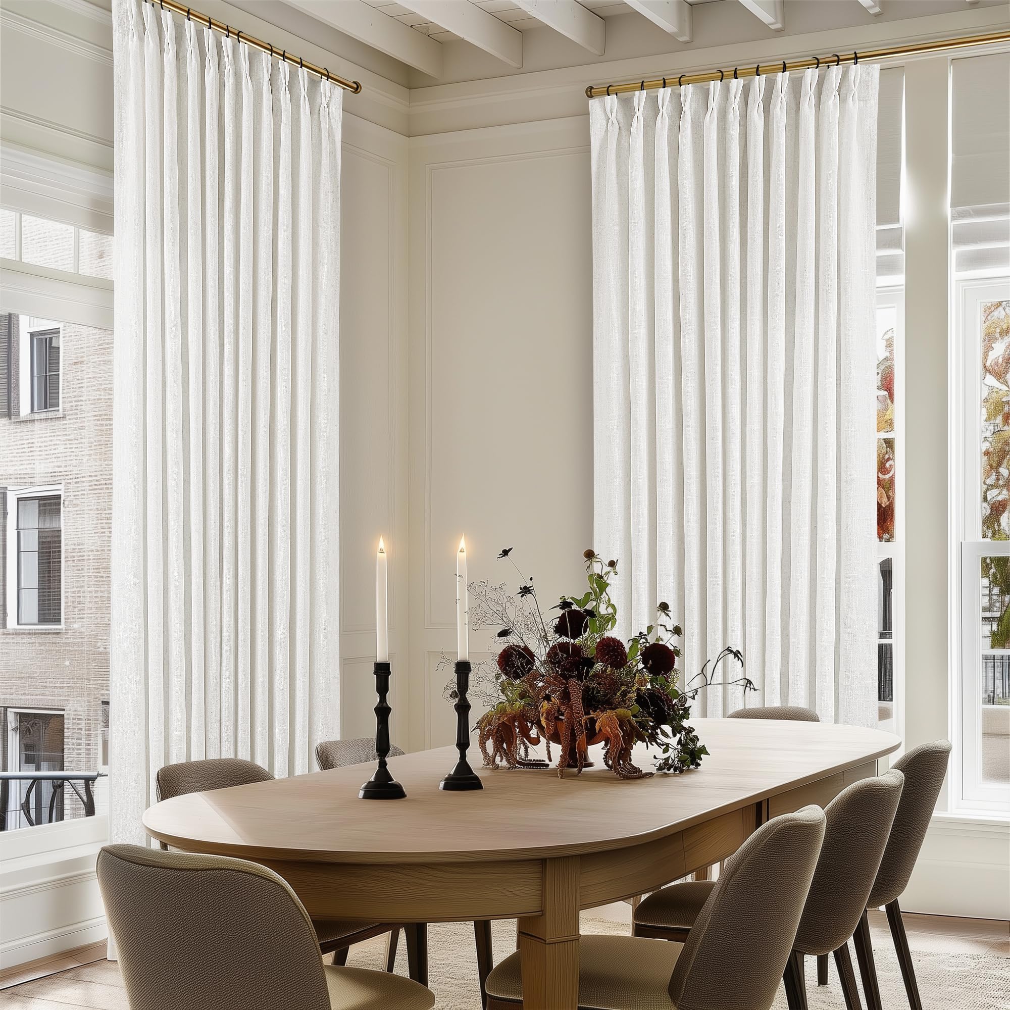 Photo 1 of Beige White 70 Inch Wide Curtains 90 Inches Long for Living Room Light Filtering Semi Sheer Modern Farmhouse Pleated Curtain with Hooks Rings for Patio Sliding Door Dining Room Large Window 1 Panel