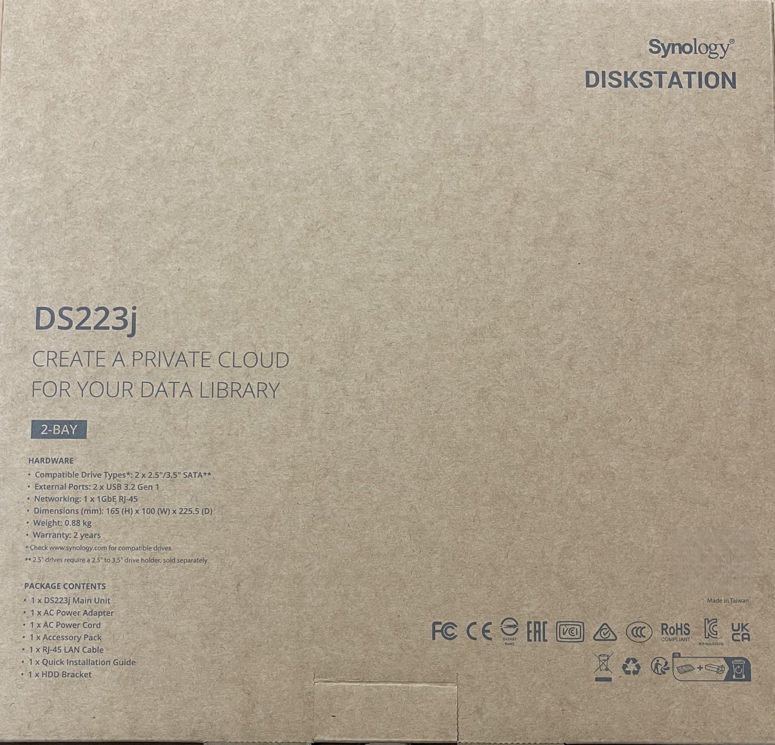 Synology DS223j 2-Bay Diskstation NAS (Realtek RTD1619B 4-Core 1.7 GHz 1GB DDR4 Ram 1xRJ-45 1GbE LAN-Port) 6TB Bundle with 2X 3TB WD Red Plus