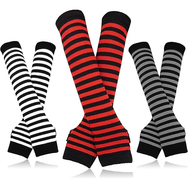 thumbnail image 2 of Uxcell Pair Ladies Black White Stripes Hands Arm Warmers Gloves At 2 of 11