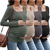 Sweetyweee 4 Pack Women's Maternity Ribbed Shirts Long Sleeve Square Neck Sweaters Casual Slim Side Ruched Pregnancy Clothes