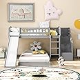 Goohome Twin Over Twin Bunk Bed with Stairway Storage, Low Bunk Bed Frame with Storage Drawers Stairway Wood Bunk Bed with Slide for Boys Girls