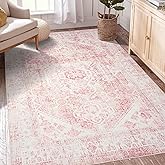 5x7 Washable Pink Area Rug, Upgraded Denser Surface Vintage Rugs, Honeycomb Non-Slip Backing Living Room Rug, Easy Care Folda