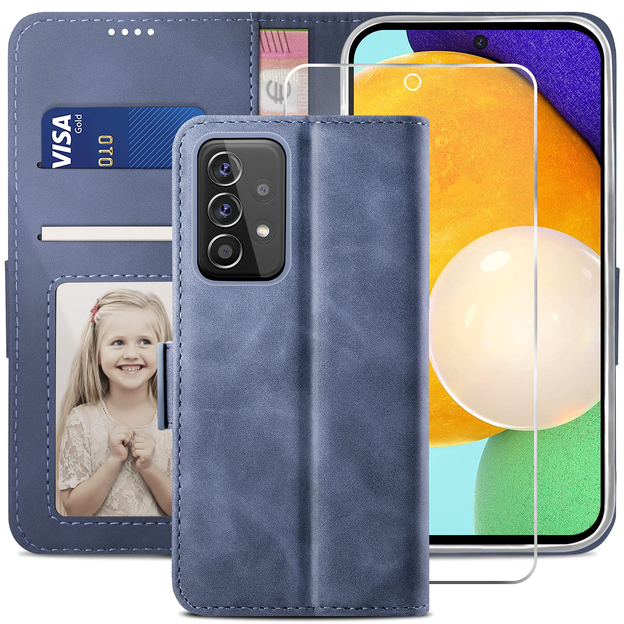 YATWIN Compatible with Samsung Galaxy A52s/A52 5G Case, Flip Wallet Leather Case with Tempered Glass Screen Protector and Card Slot Kickstand Phone Cases Cover for Samsung A52s/A52 5G - Light Blue — image 1