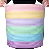 MINTWOOD Design 83L Extra Large 20 x 18in Decorative Woven Cotton Rope Blanket Basket, Tall Laundry Hamper for Living Room with Handles, Round Storage for Pillows, Towels, Shoes, Pastel Rainbow