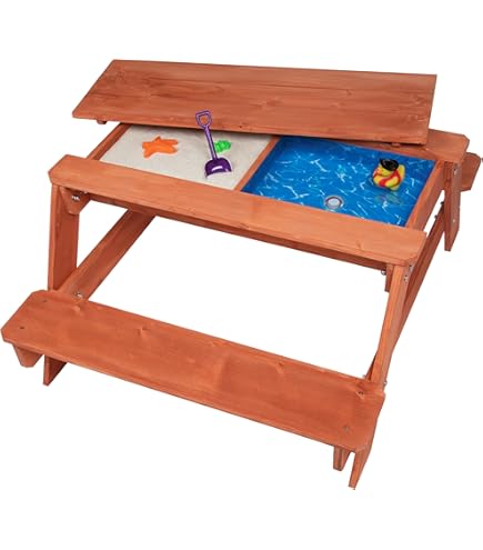 Table D’activités 3 En 1 Pour Enfants – Sable, Eau Et Pique-nique – En Bois Avec Parapluie Et 2 Bacs