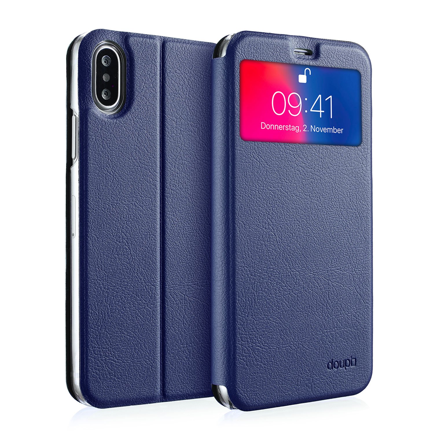 doupi Flip Cover for iPhone X/Xs 5.8 inch, with Viewing Window Magnet Protective Flip Case BookStyle Screen Protector Stand, dark blue — image 1
