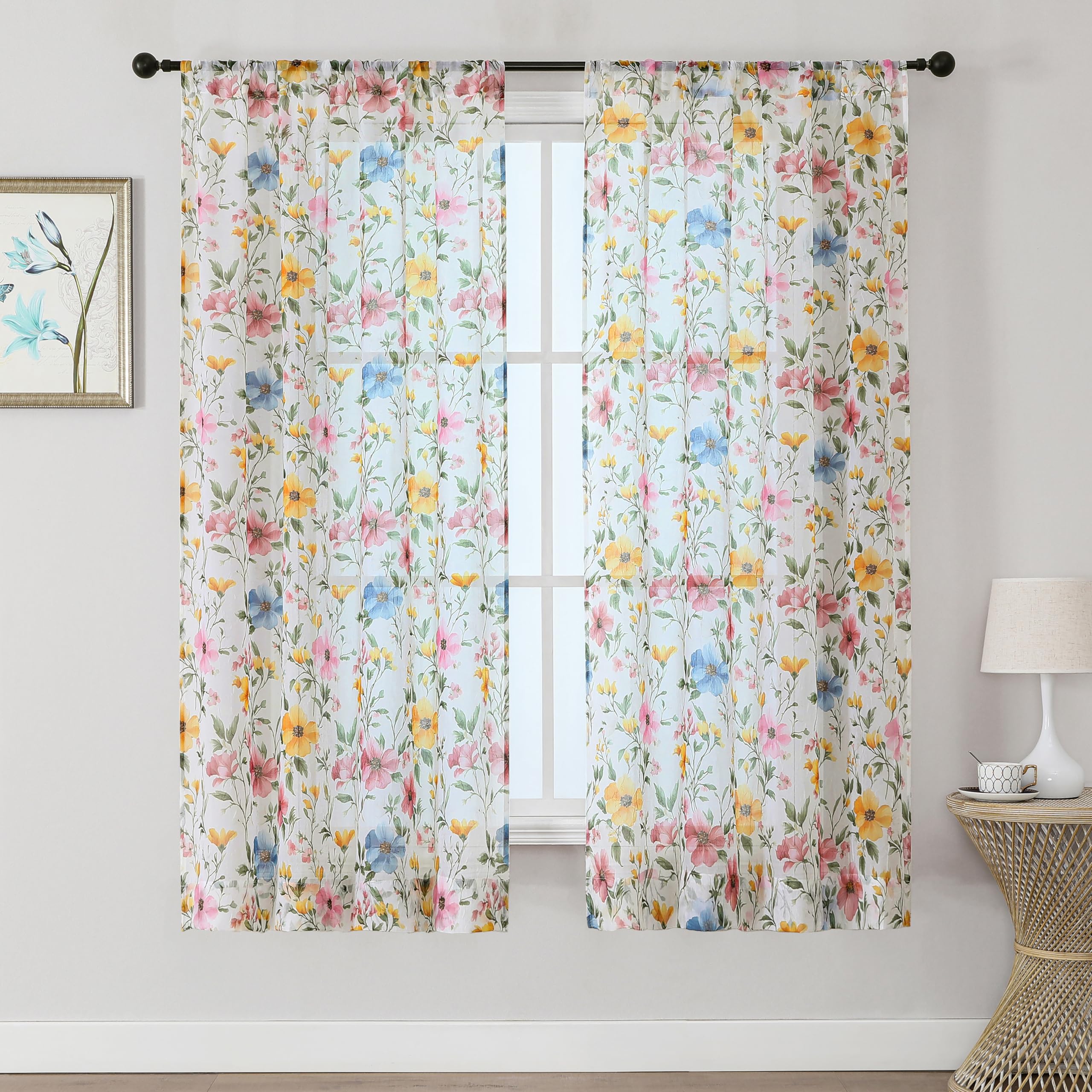 Photo 1 of **NOT FLORAL**OWENIE Floral Sheer Curtains - 63 Inch Length 2 Panels Set for Living Room Girls Bedroom, Printed Pink Floral Pattern Farmhouse Light Filtering Crinkle Sheer for Spring Decor, 2 Pcs Each 42" Wx63 L