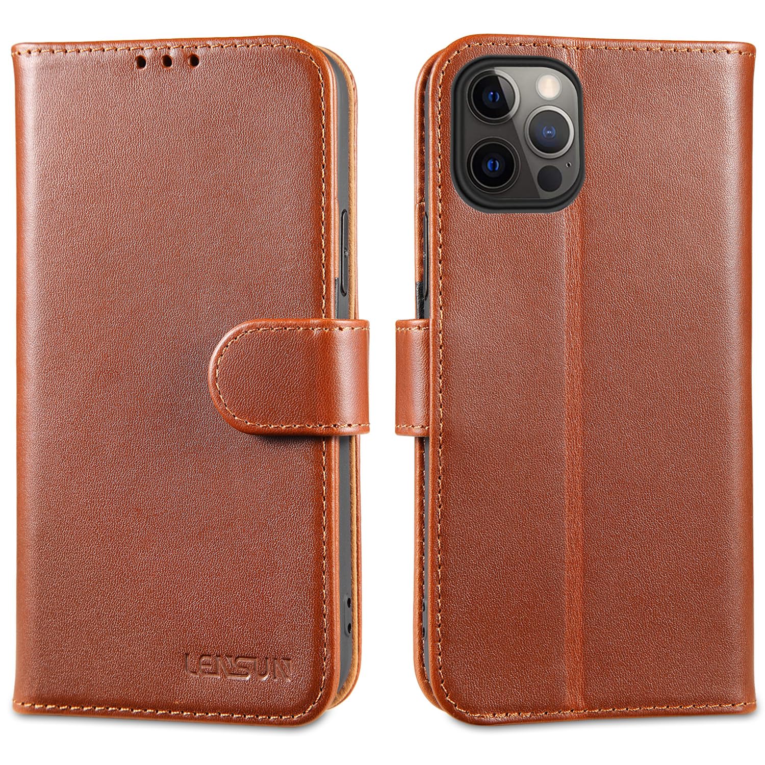 LENSUN Flip Case for iPhone 12, iPhone 12 Pro Genuine Leather Wallet Folio Phone Cover [RFID Blocking] with Card Holder Compatible with iPhone 12/12 Pro - Dark Brown