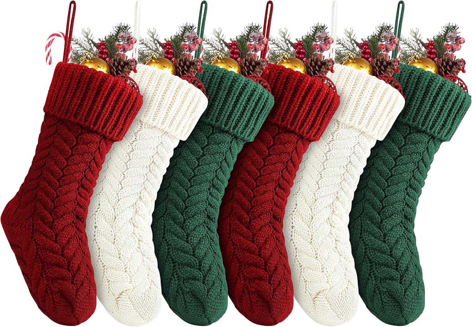 Stockings & Holders - Fesciory 18 Inches Christmas Stockings Bulk, 6 Pack Large Size Cable Knitted Fireplace Hanging Stockings for Family Holiday Xmas Party Decorations, Burgundy&Ivory White&Green