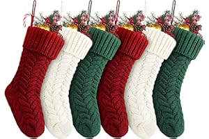 Fesciory 18 Inches Christmas Stockings Bulk, 6 Pack Large Size Cable Knitted Fireplace Hanging Stockings for Family Holiday Xmas Party Decorations, Burgundy&Ivory White&Green