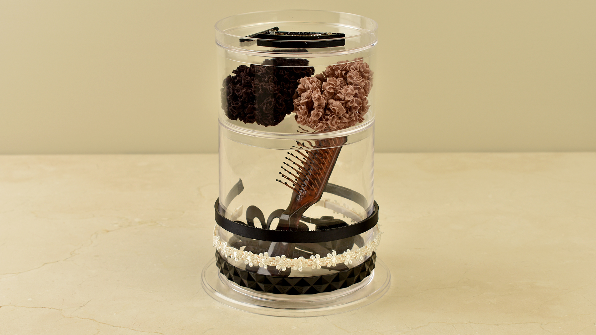 STORi Stackable Clear Plastic Headband and Hairbrush Holder with