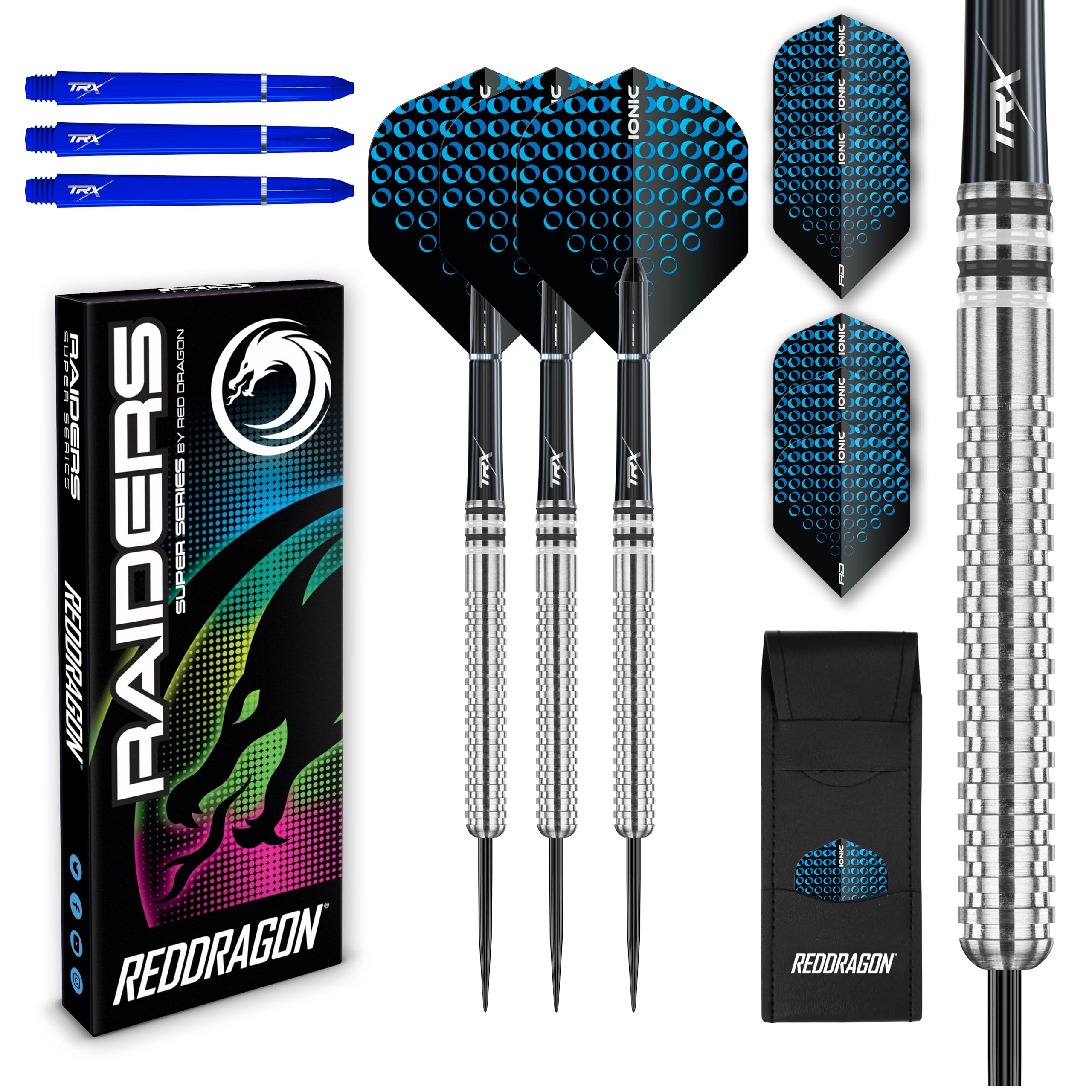 RED DRAGON Raider 1: 23g Steel Tip Tungsten Darts Set - Blue Style Set of Professional Darts with Shafts (Stems) and Flights - Choice of Colour Available