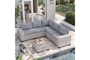Muphyers 6-Piece Outdoor Patio Furniture Set Wicker Sectional Sofa Set, Patio Conversation Set with Thickened Cushions & Coffee Table for Garden, Backyard, Poolside, Grey