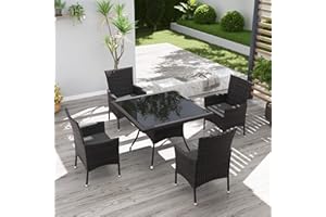 Kurapika 5-Piece Patio Furniture Outdoor Dining Set, Wicker Rattan Patio Dining Table and 4 Chairs Set, Square Tempered Glass Tabletop with Umbrella Hole, for Patio, Backyard, Grey
