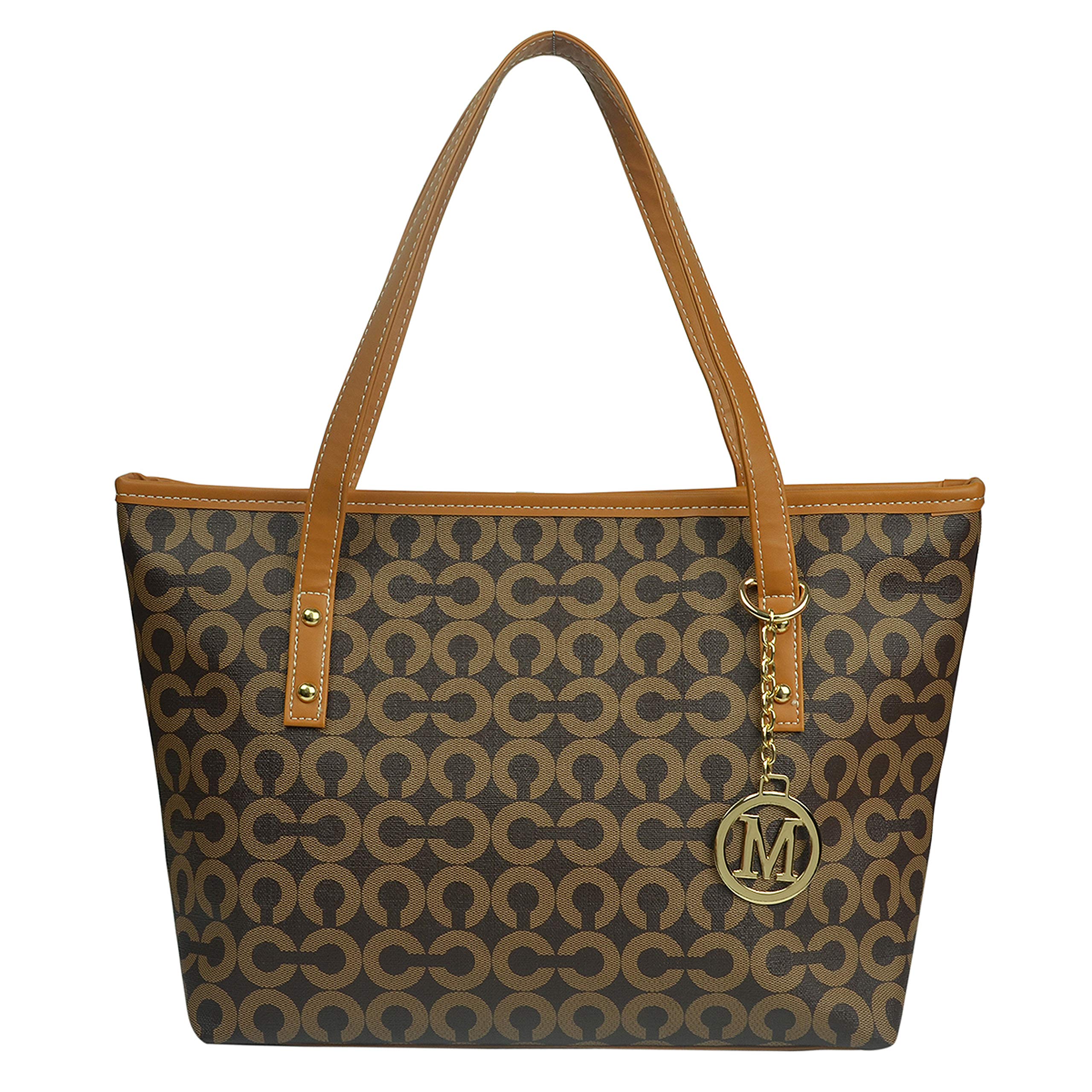 Casual Signature Printing Pu Leather Tote Shoulder Handbag with Metal Decoration for Women