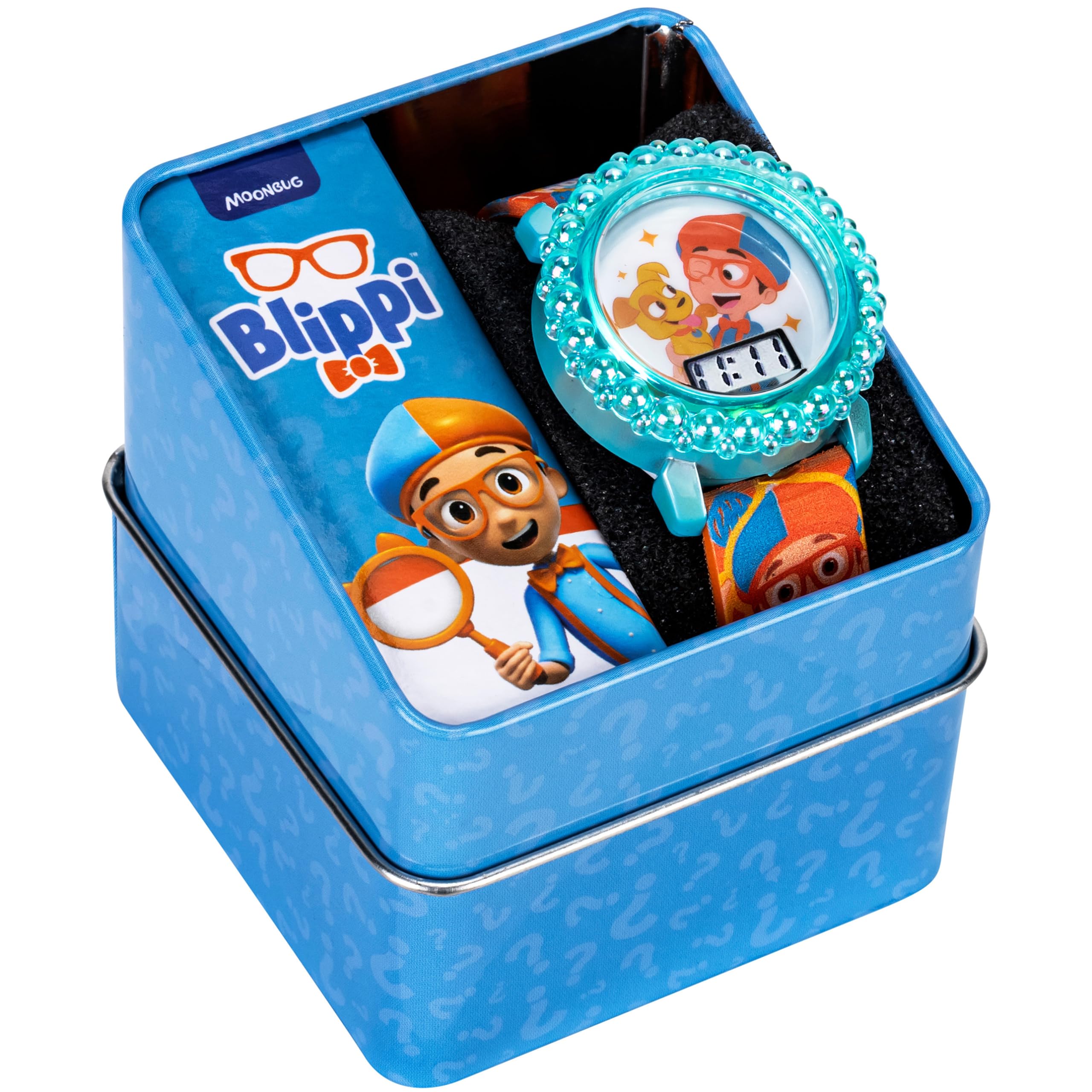 Accutime Blippi Educational LCD Watch for Kids - Flashing LED Lights, Colorful Learning Accessory, Comfortable Strap, with Bonus Gift Tin
