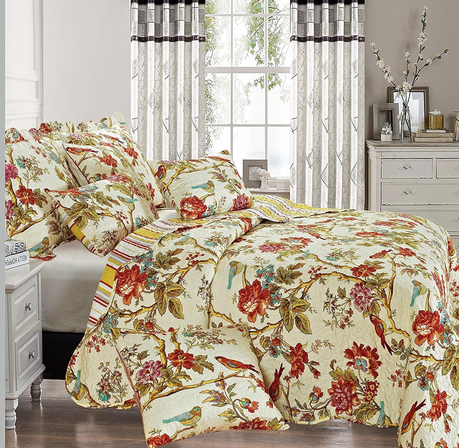 Zash Beautiful Floral Vintage Patchwork Quilted Bedspread/Throw with 2 Pillow Shams (Double, Dynasty)